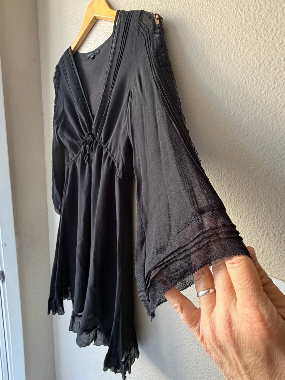 Sanctuary Black Fit & Flare Knee Lngth Dress M Bell Sleeves Lace  Adjstble Waist
